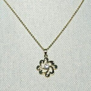 Gold-Tone Flower Pendant Necklace With Clear Crystal Center On Adjustable Chain